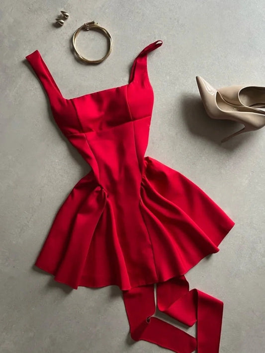 girlhomeshops-Vintage Red Dress ❤️ Homecoming Dress Short Satin gh5946