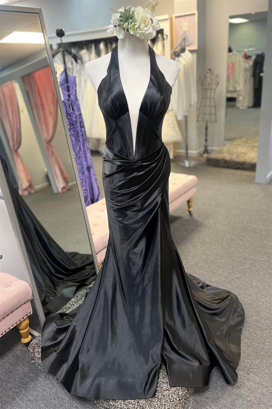 Dusty Pink Plunging V Halter Mermaid Long Prom Dress