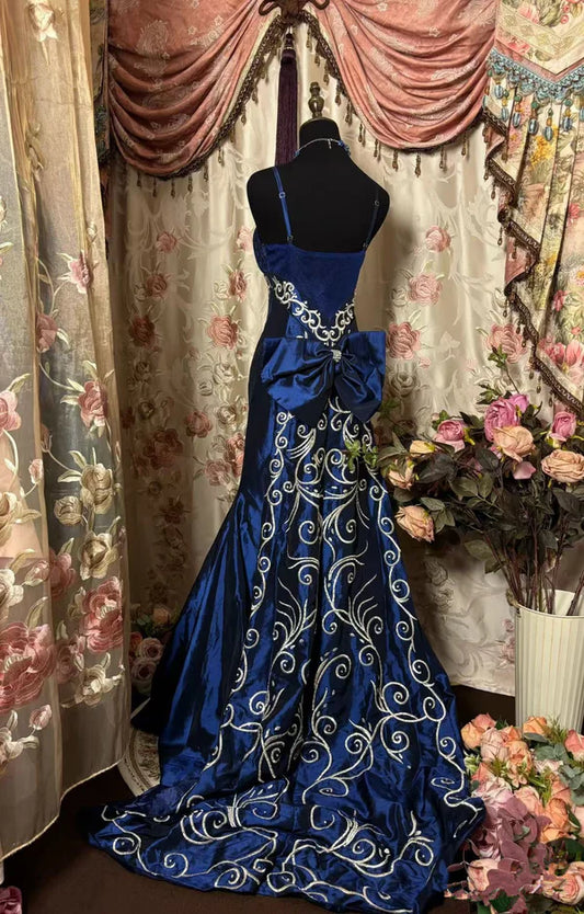 Royal Blue Satin Embroidery Mermaid Dress: Heavy Silver Thread Pattern, Back Large Bow, Banquet Centerpiece Gown gh6586
