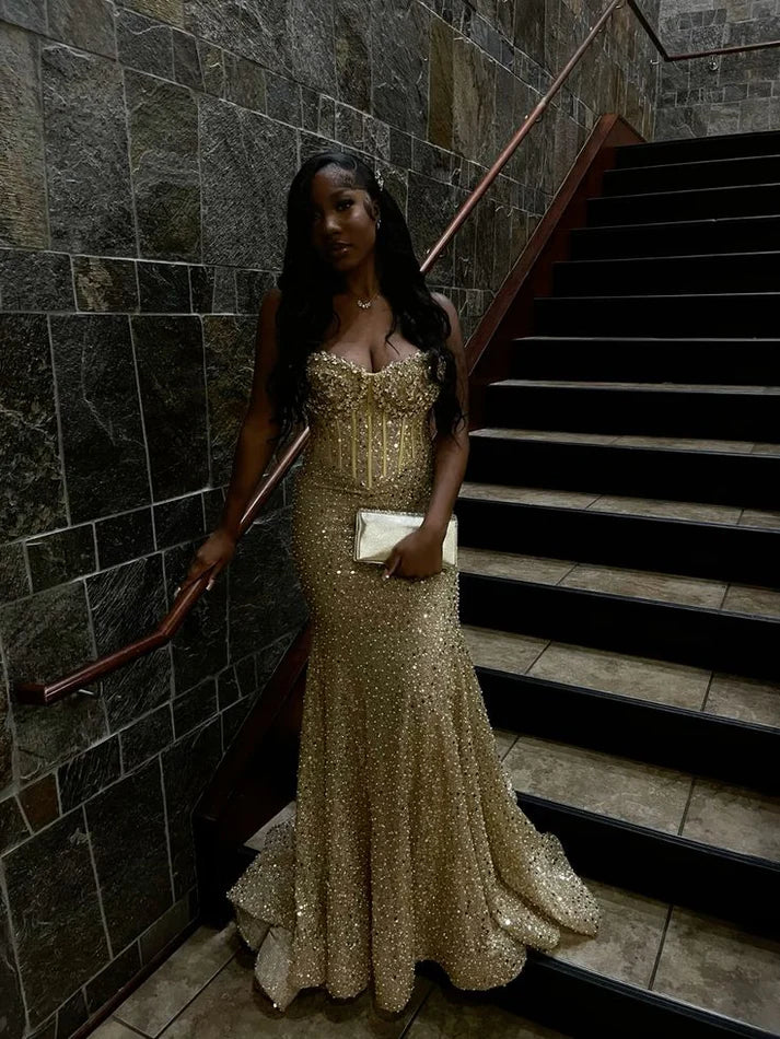Vintage Shiny Beaded Prom Dress Long Mermaid Evening Dress Strapless Formal Dress TP4585