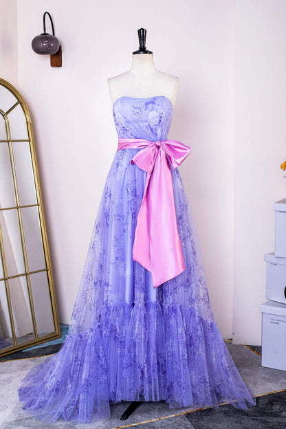 Lavender Strapless Ruffled Floral Long Prom Dress with Bow Sash