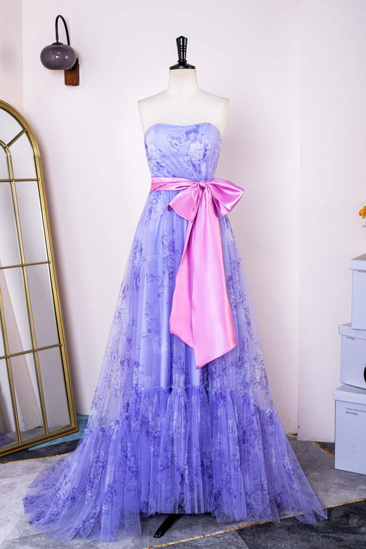 Lavender Strapless Ruffled Floral Long Prom Dress with Bow Sash