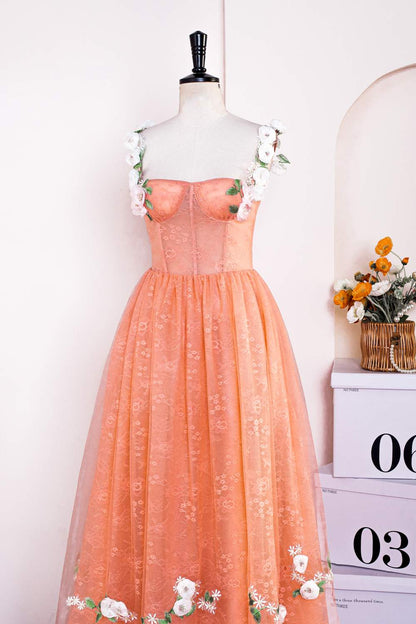 Orange Flower Straps Embroidery A-line Knee-Length Prom Dress