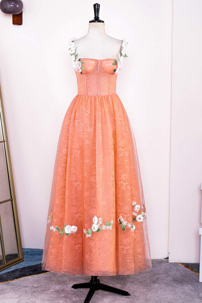 Orange Flower Straps Embroidery A-line Knee-Length Prom Dress