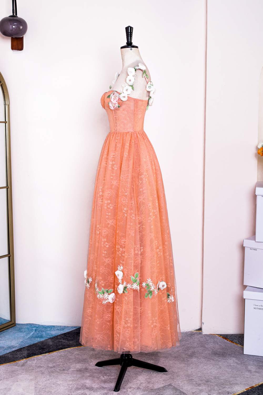 Orange Flower Straps Embroidery A-line Knee-Length Prom Dress
