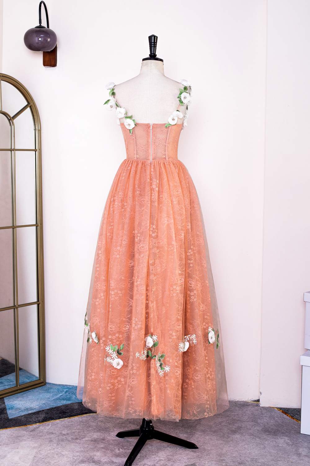 Orange Flower Straps Embroidery A-line Knee-Length Prom Dress