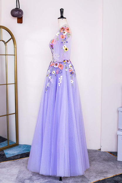 Lavender Floral Appliques Puff Sleeves A-line Long Prom Dress