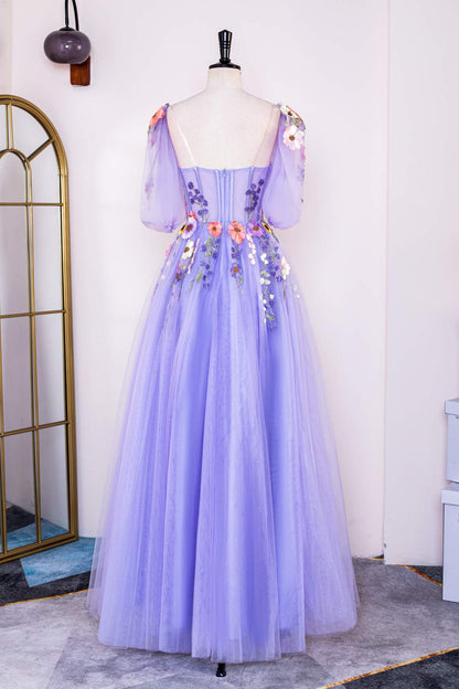 Lavender Floral Appliques Puff Sleeves A-line Long Prom Dress