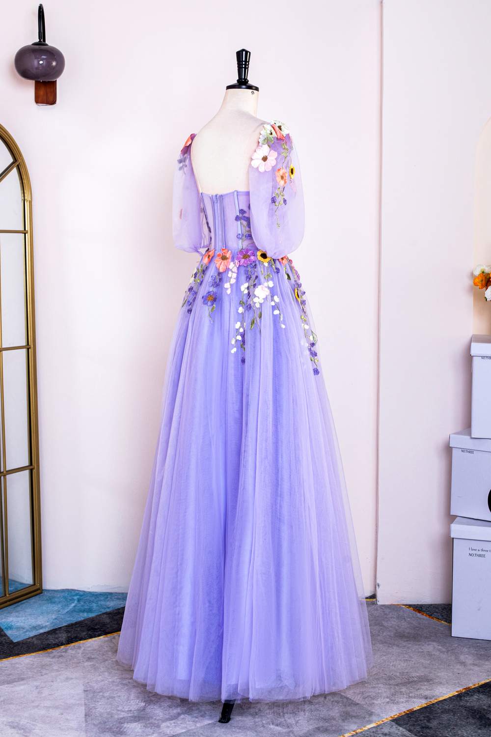 Lavender Floral Appliques Puff Sleeves A-line Long Prom Dress