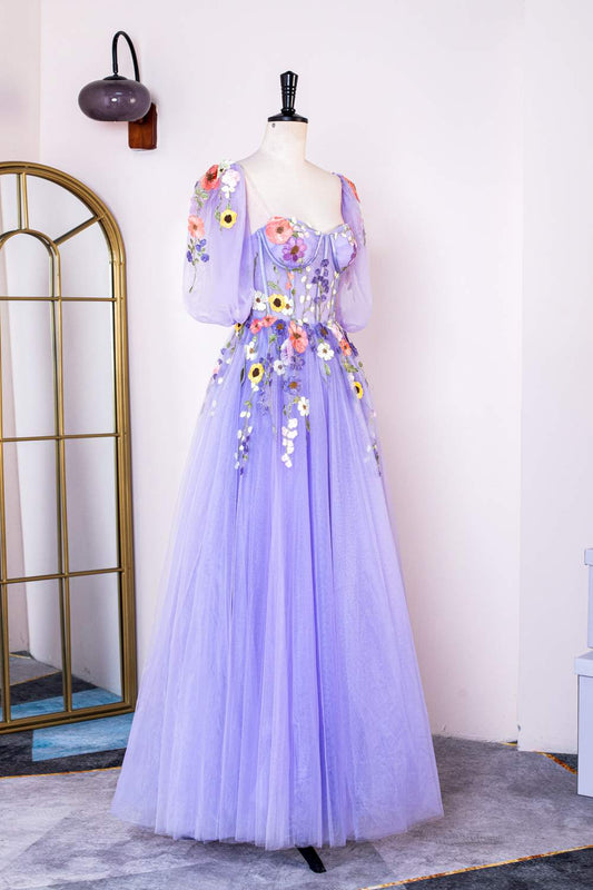 Lavender Floral Appliques Puff Sleeves A-line Long Prom Dress