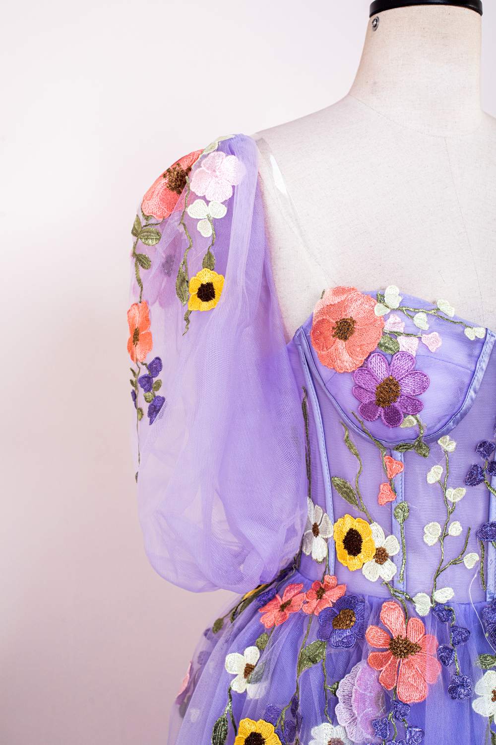 Lavender Floral Appliques Puff Sleeves A-line Long Prom Dress