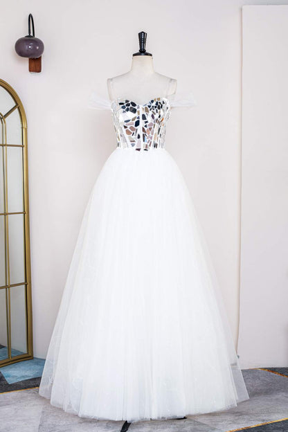 White Mirror-Cut Sequined Top A-line Tulle Long Prom Dress