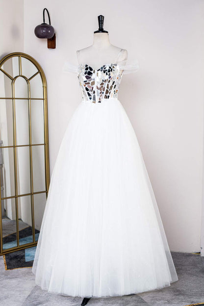 White Mirror-Cut Sequined Top A-line Tulle Long Prom Dress