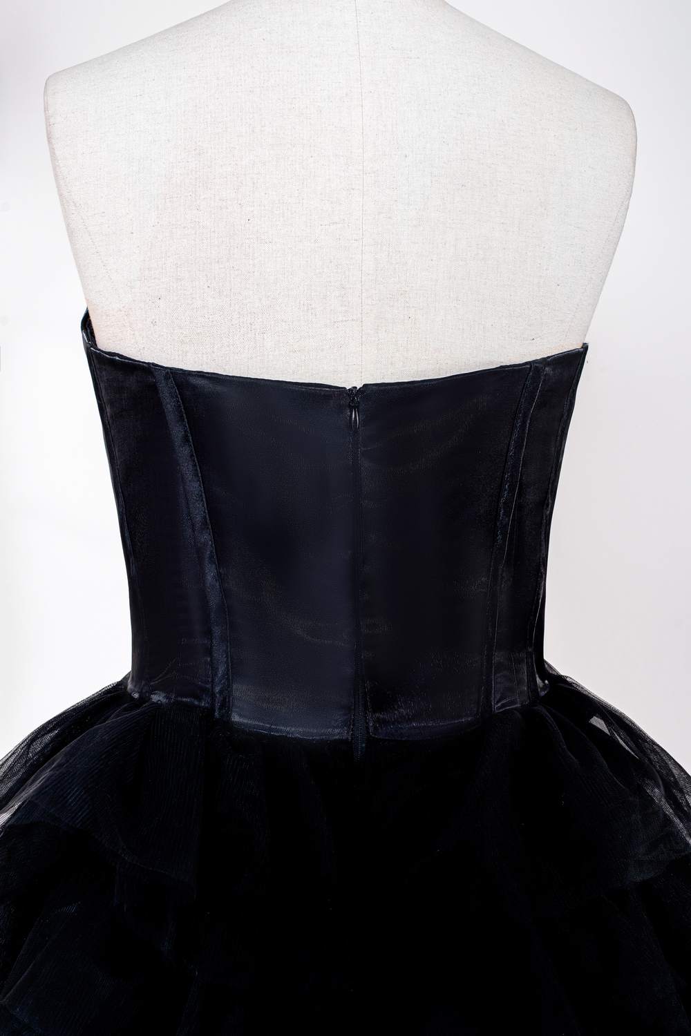 Black Strapless Satin Top Layers Long Prom Dress