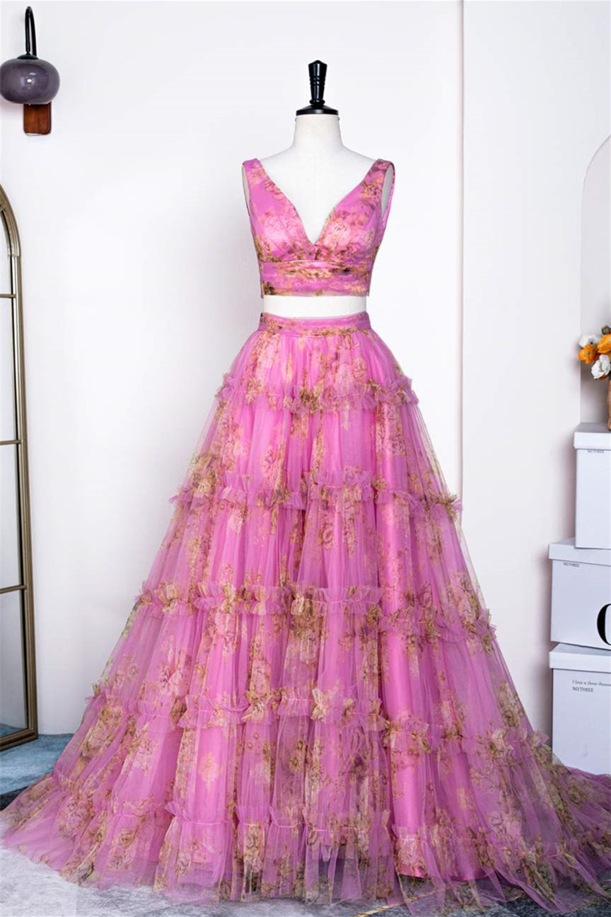Pink Two-Piece Ruffled Floral Long Prom Dress