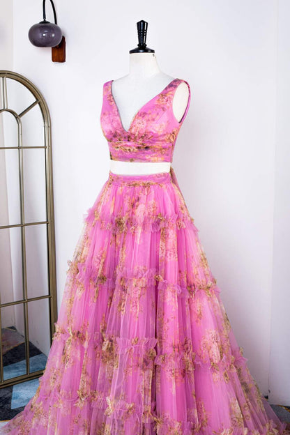 Pink Two-Piece Ruffled Floral Long Prom Dress