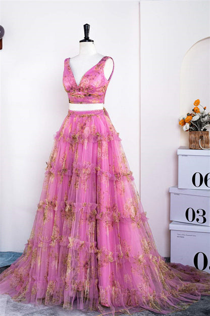 Pink Two-Piece Ruffled Floral Long Prom Dress