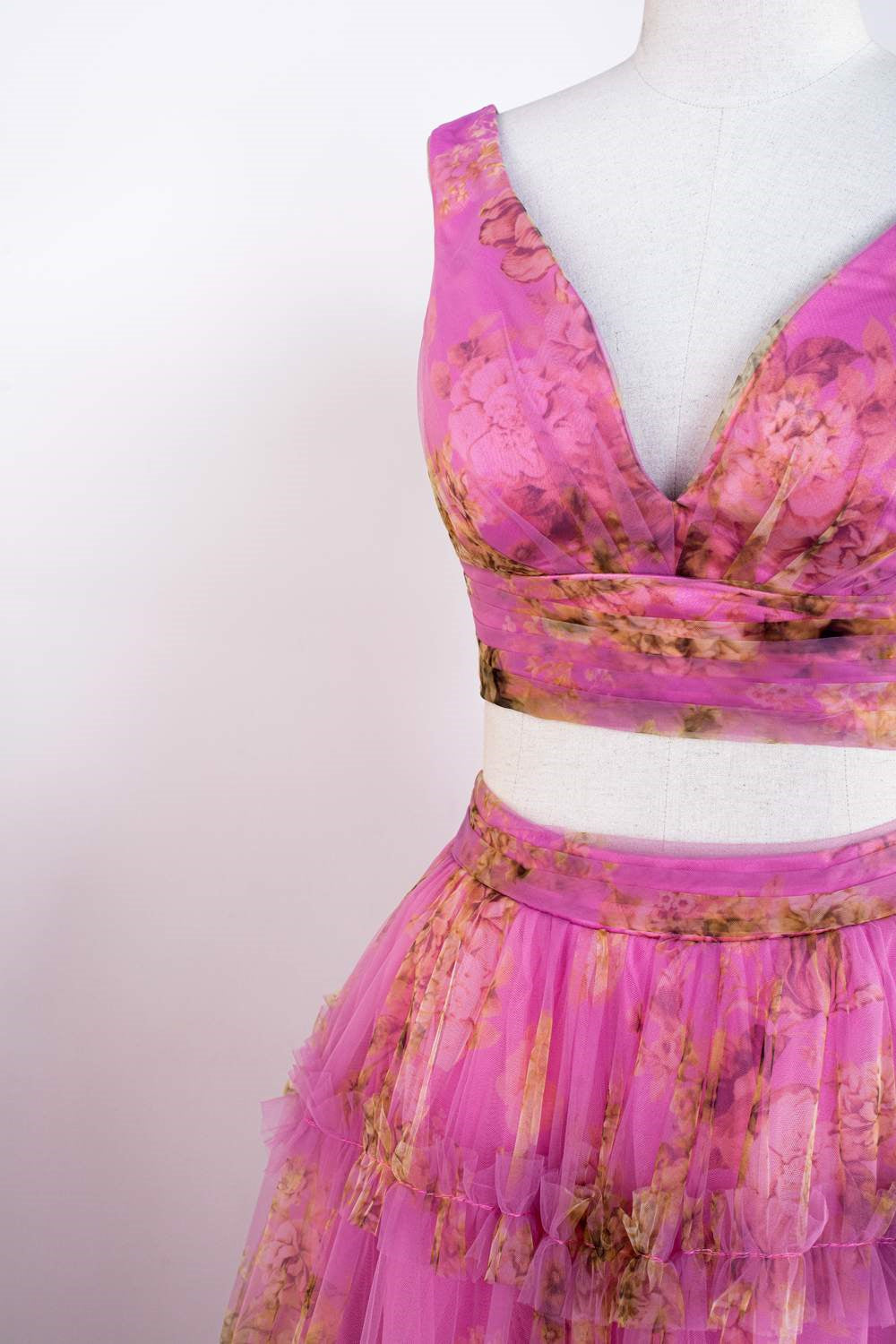 Pink Two-Piece Ruffled Floral Long Prom Dress