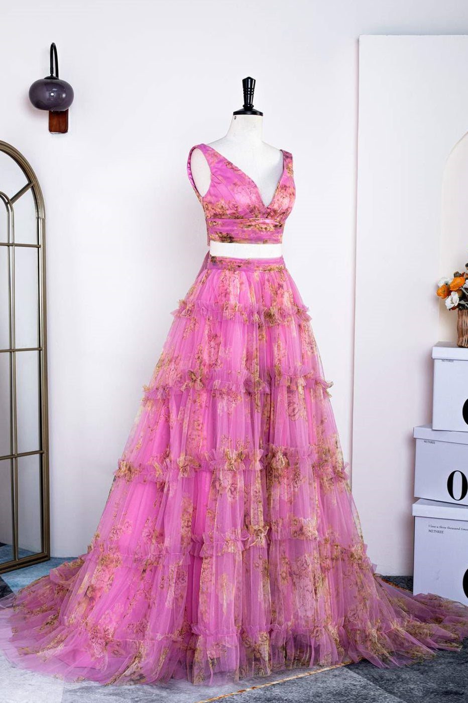 Pink Two-Piece Ruffled Floral Long Prom Dress