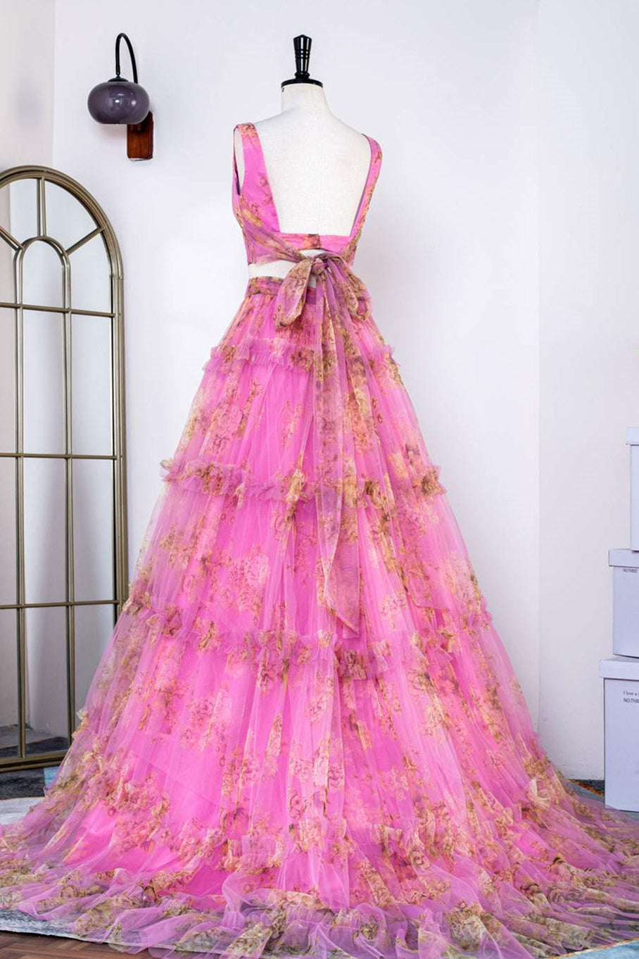 Pink Two-Piece Ruffled Floral Long Prom Dress