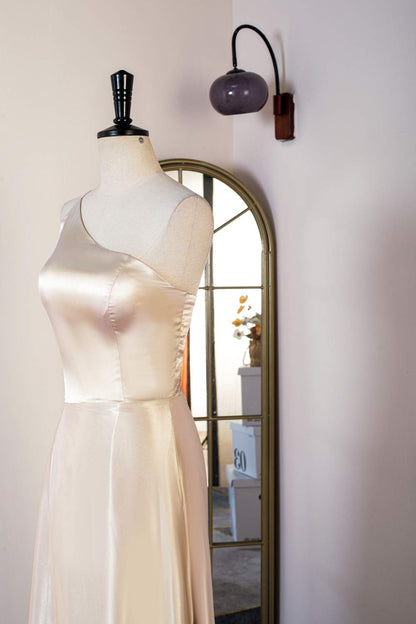 Champagne One Shoulder A-line Satin Knee-Length Bridesmaid Dress