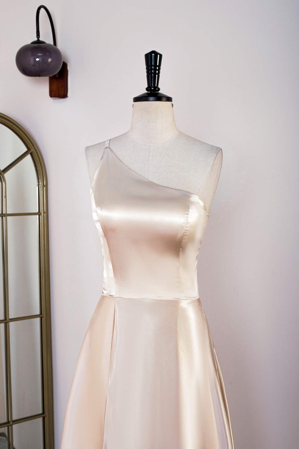 Champagne One Shoulder A-line Satin Knee-Length Bridesmaid Dress