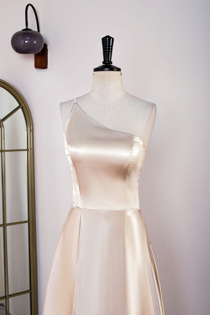 Champagne One Shoulder A-line Satin Knee-Length Bridesmaid Dress