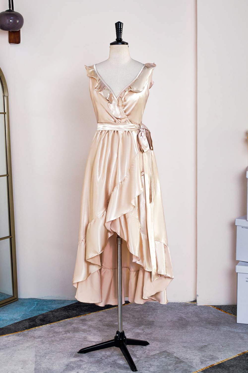 Champagne Ruffled Faux-Wrapped Hi-Low Bridesmaid Dress with Sash