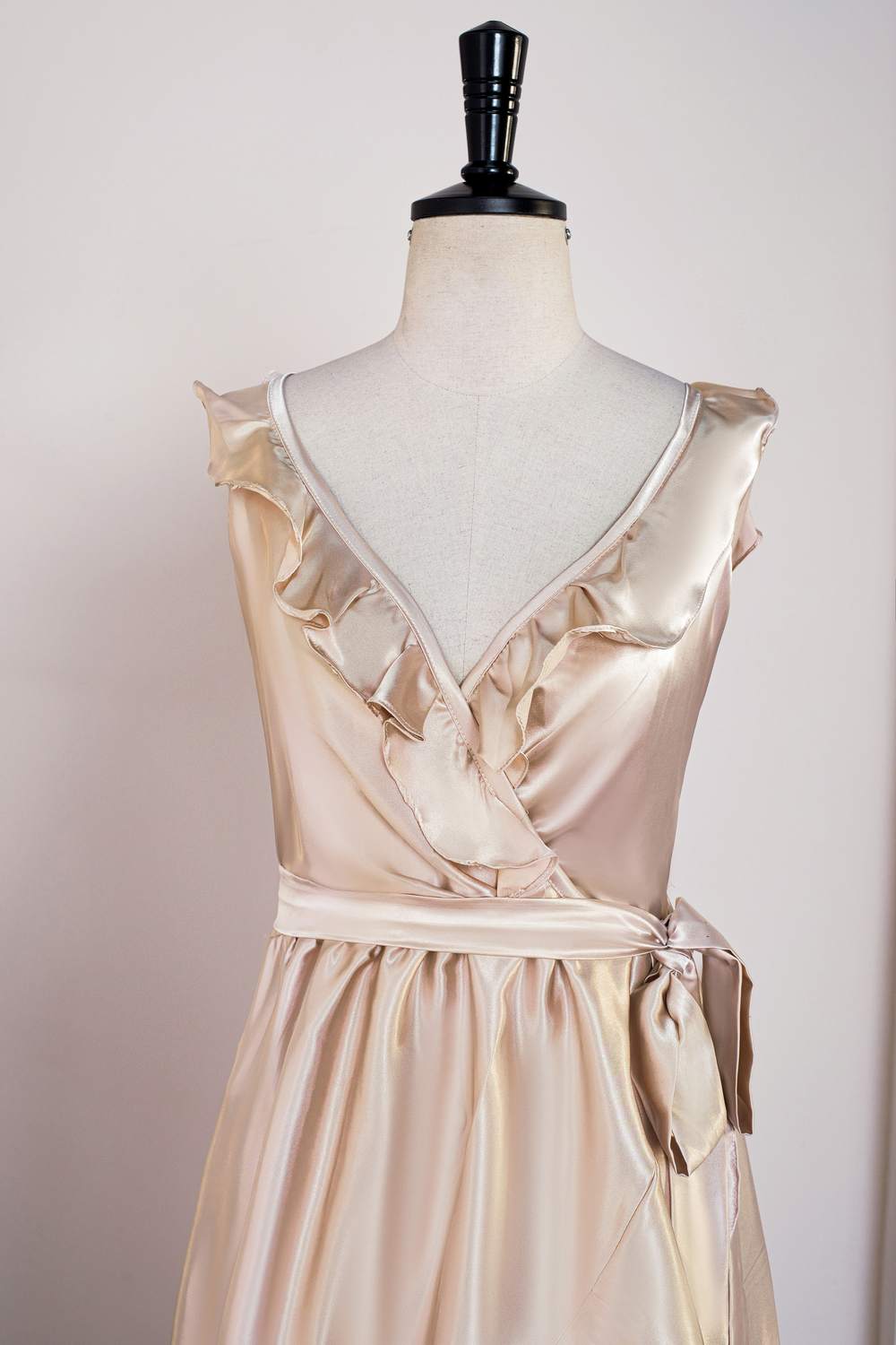 Champagne Ruffled Faux-Wrapped Hi-Low Bridesmaid Dress with Sash