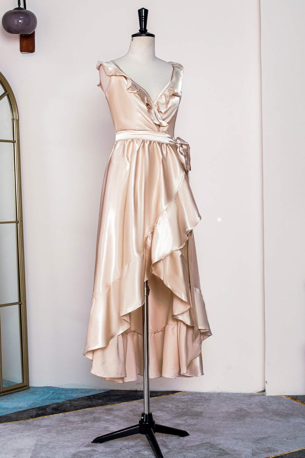 Champagne Ruffled Faux-Wrapped Hi-Low Bridesmaid Dress with Sash
