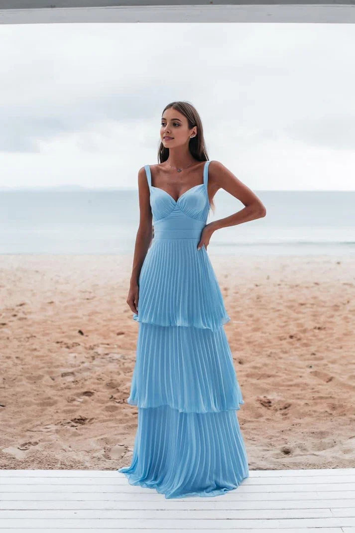 Vintage Blue Sweetheart Pleated A-Line Tiered Long Prom Dress Party Dress Evening Dress TP4401
