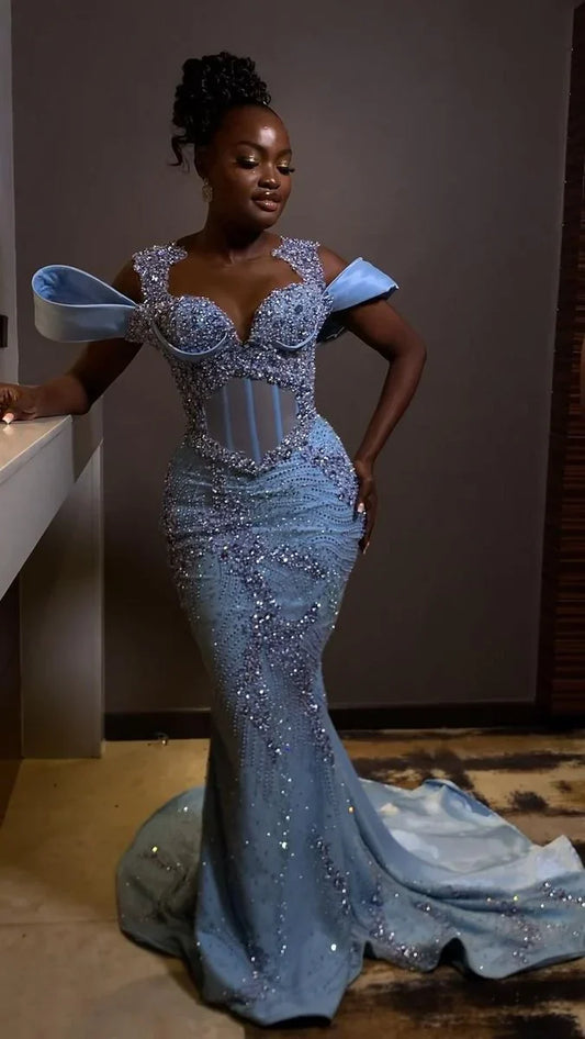 Gorgeous Sky Blue Beaded Prom Dress Long Sweetheart Evening Dress Mermaid Formal Dress TP4581