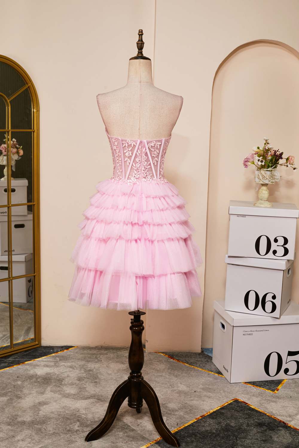 Pink A-line Strapless Appliques Multi-Layers Homecoming Dress