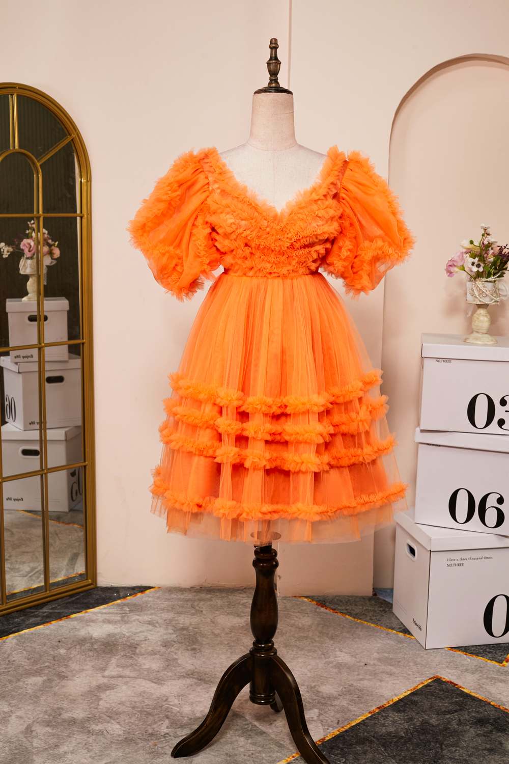 Orange Ruffled V Neck Puff Sleeves A-line Homecoming Dress