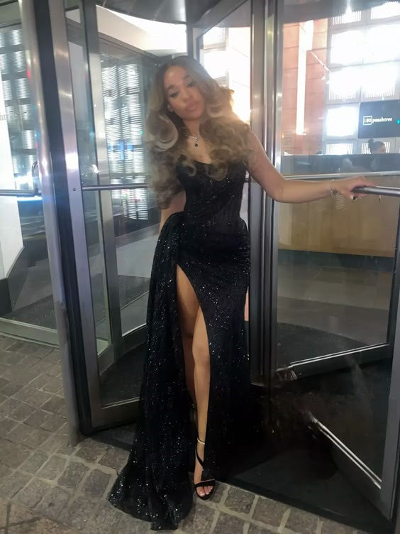 Sparkly Black Long Prom Dress with Slit Sequin Evening Dresses
