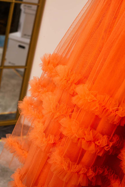 Orange Ruffled V Neck Puff Sleeves A-line Homecoming Dress
