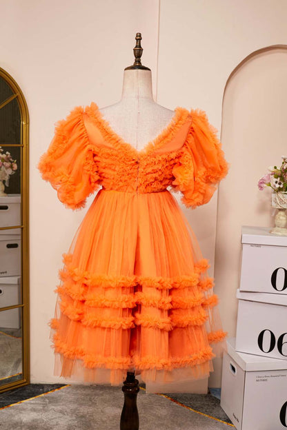 Orange Ruffled V Neck Puff Sleeves A-line Homecoming Dress