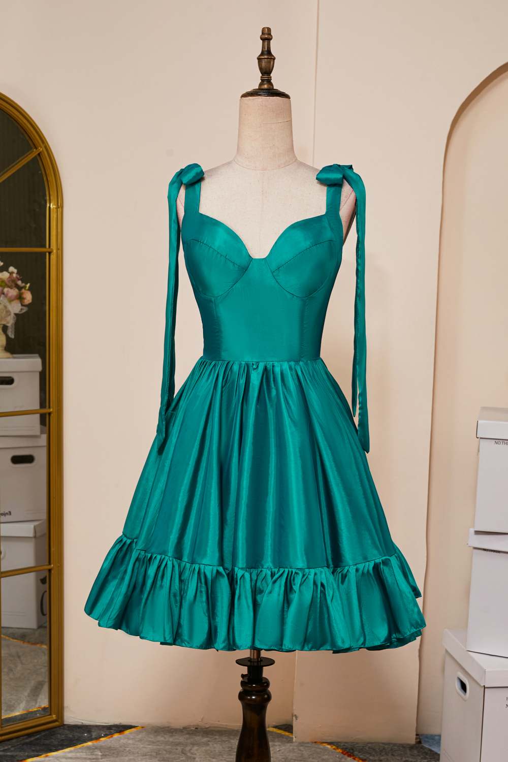 Rose Pink A-line Bow Tie Straps Ruffled Satin Homecoming Dress