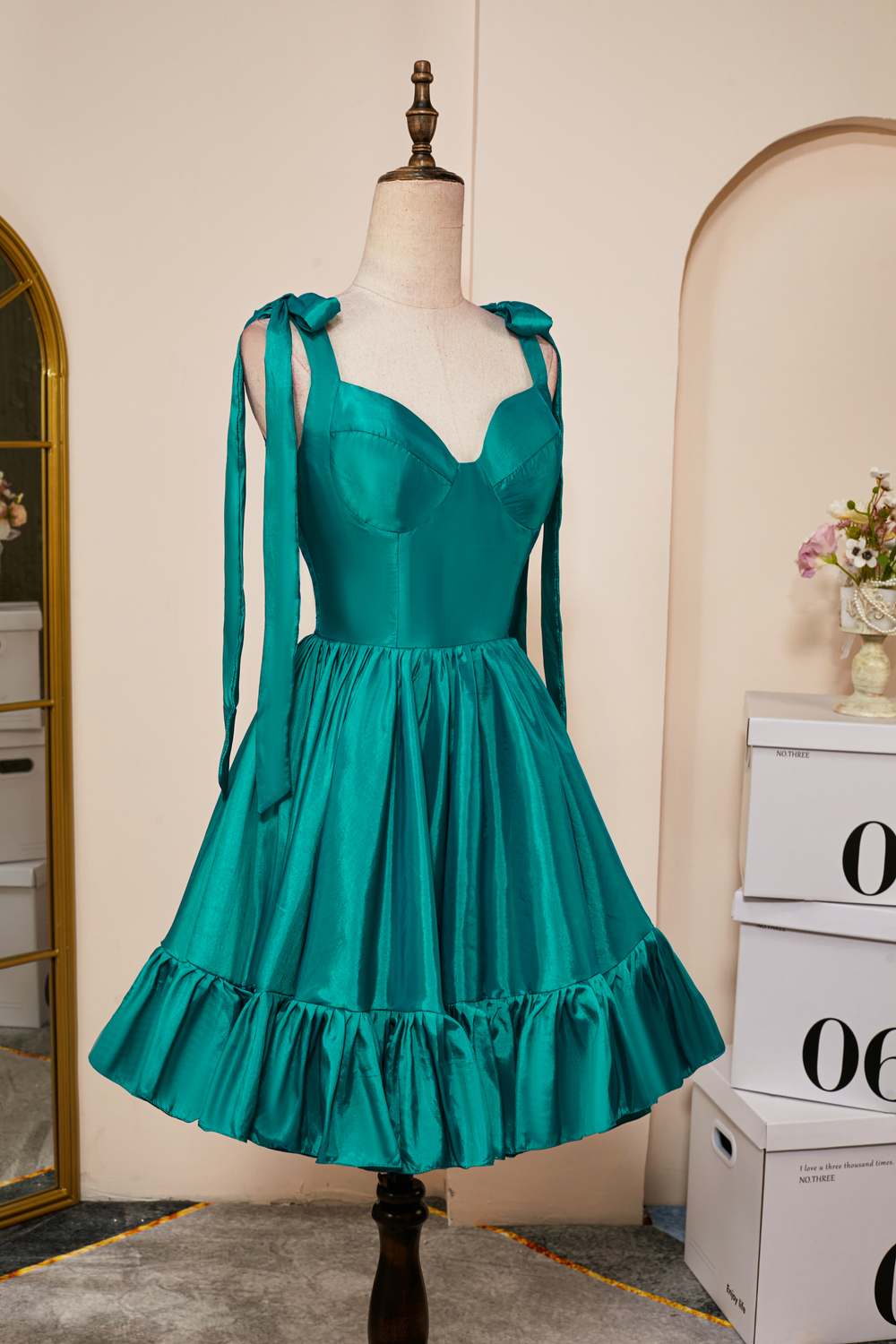 Rose Pink A-line Bow Tie Straps Ruffled Satin Homecoming Dress
