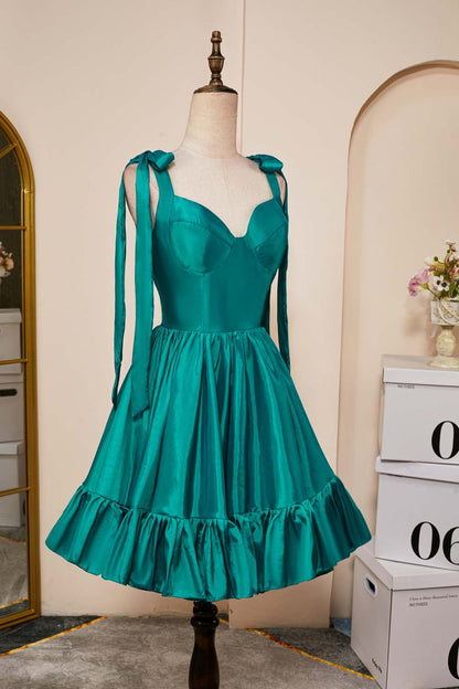 Rose Pink A-line Bow Tie Straps Ruffled Satin Homecoming Dress