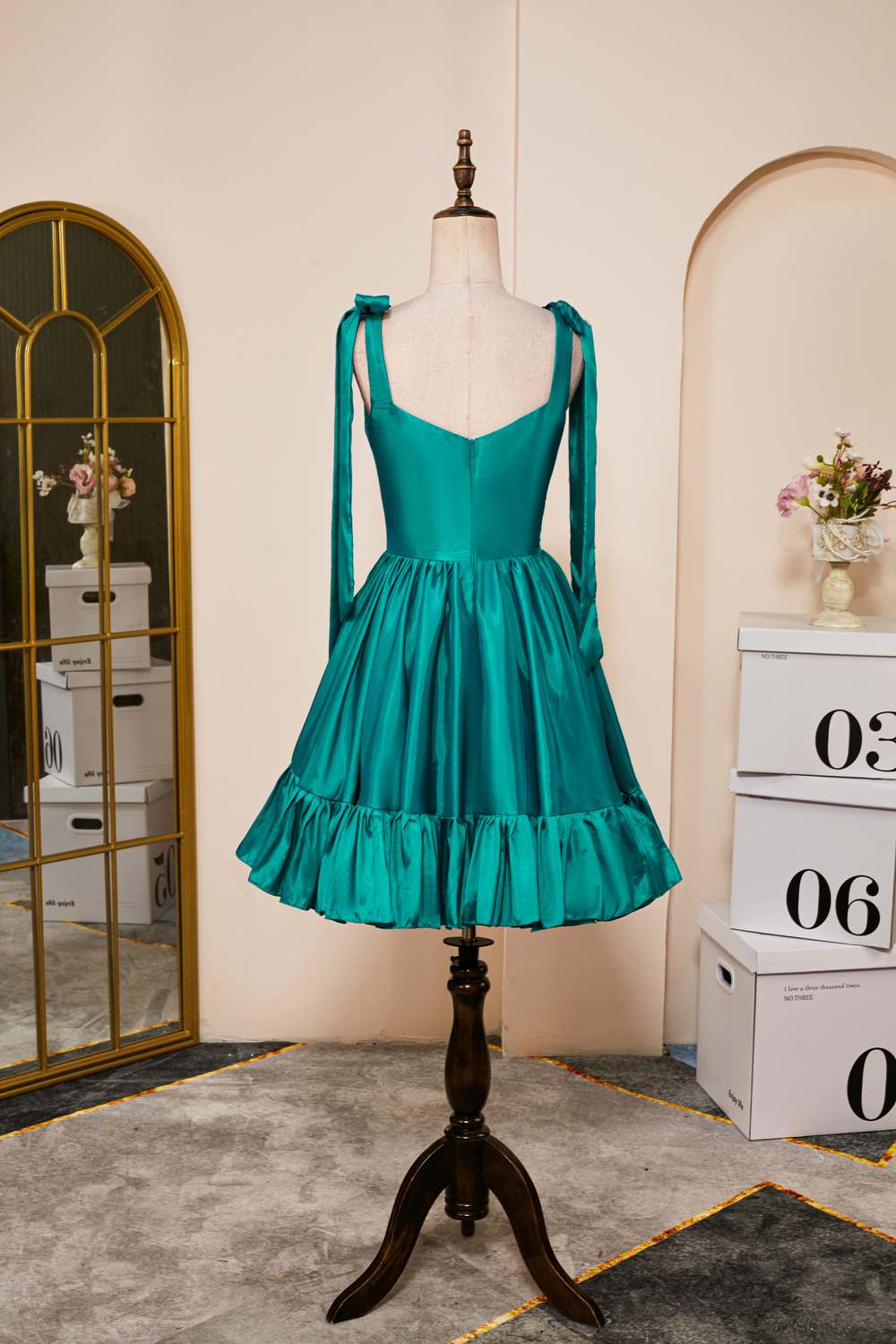 Rose Pink A-line Bow Tie Straps Ruffled Satin Homecoming Dress