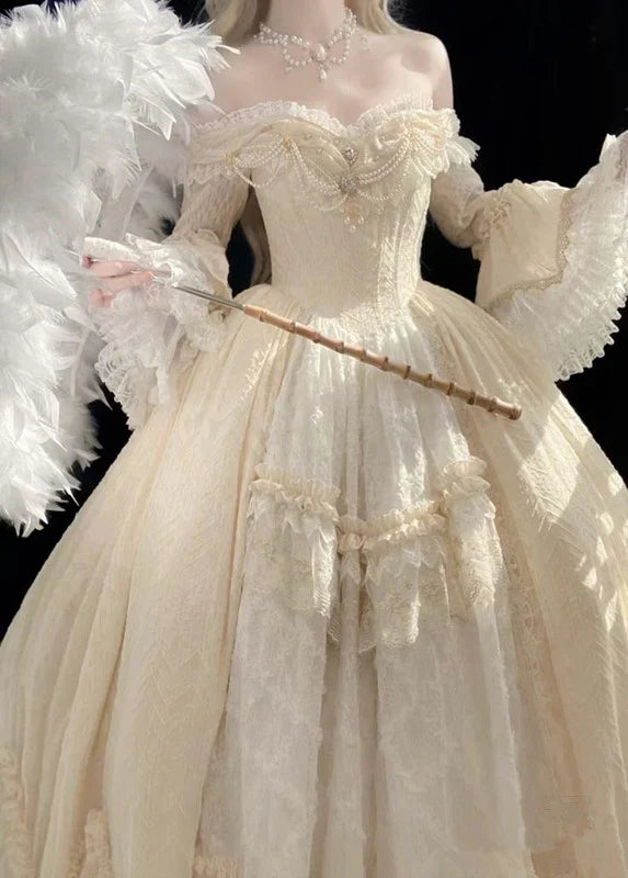 Gorgeous Ivory Sweetheart Lace Off-the-shoulder Long-sleeve A-Line Wedding Dress TP4593