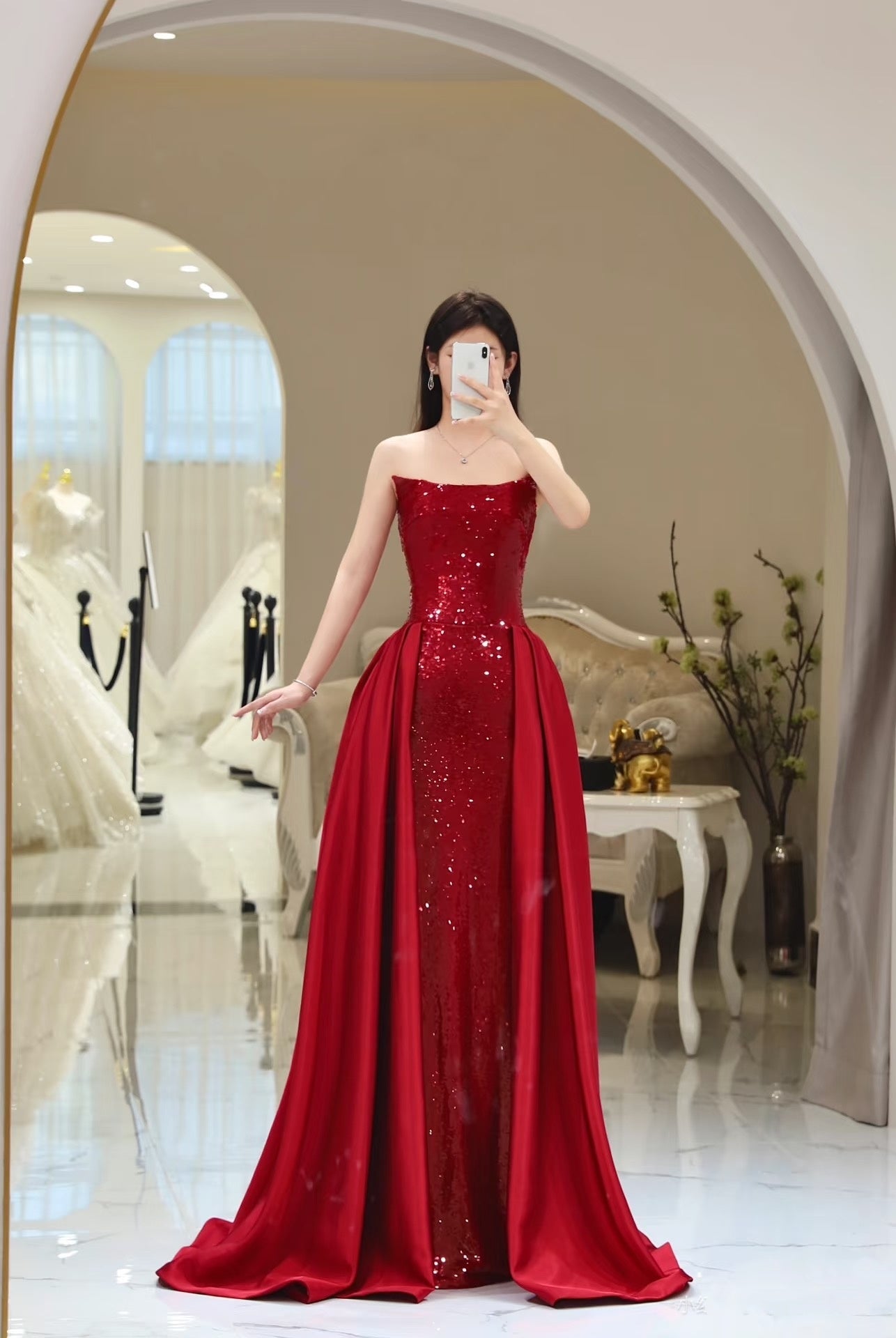 Mermaid Strapless Sequin Red Prom Dresses Long Evening Dress P2026