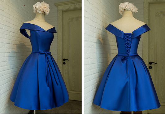 Cute off shoulder satin short prom dress,homecoming dresses  7644