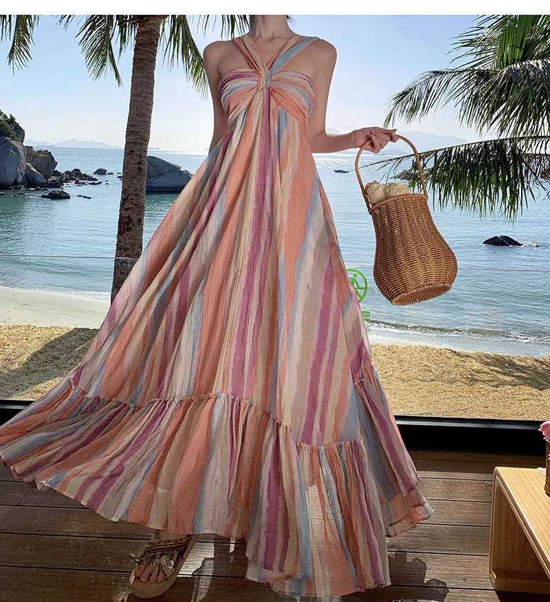 New Rainbow Stripe Design Beach Holiday Casual Halter Dress TP3012