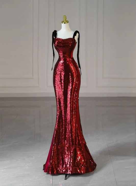 Vintage Burgundy Mermaid Evening Gown Straps Party Dress Long Formal Dress TP4900