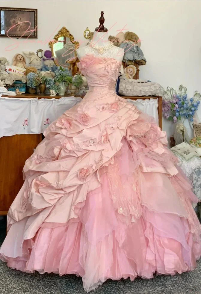 Elegant Pink 3D Flower Sweet 16 Quinceanera A-Line Floor-length Birthday Dress Ball Gown TP4421