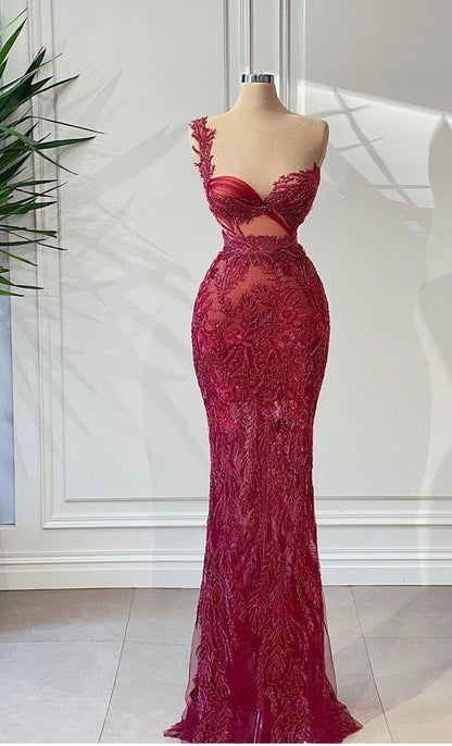 Luxury gorgeous elegant one shoulder burgundy long ball gown sexy bodycon evening dress gh2724