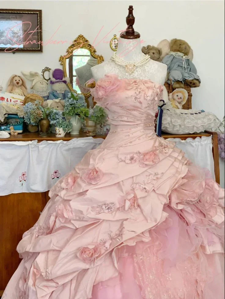 Elegant Pink 3D Flower Sweet 16 Quinceanera A-Line Floor-length Birthday Dress Ball Gown TP4421