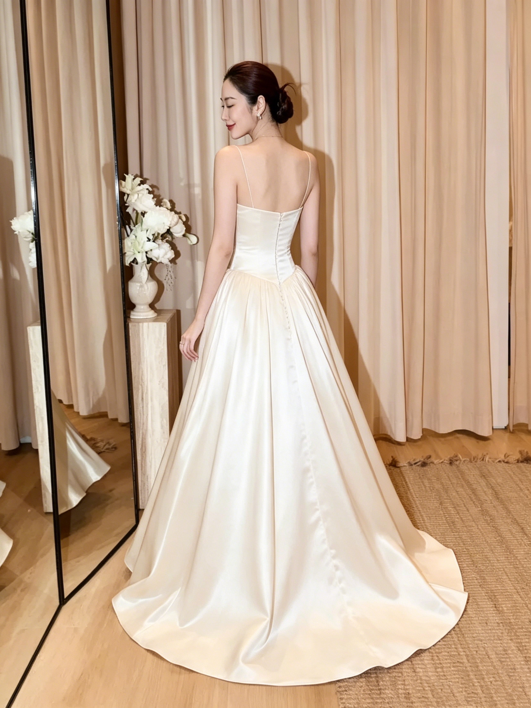 Elegant Ivory Spaghetti Strap Satin A-Line Wedding Dress TP5926